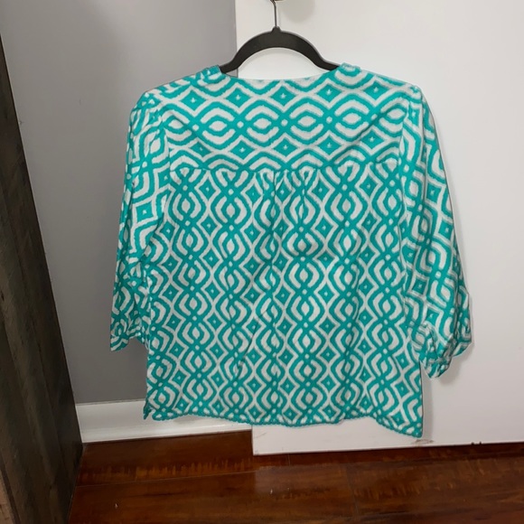 Vineyard Vines Scribble Lattice V-Neck Teal Tunic Top Blouse 100% Cotton - Picture 2 of 9